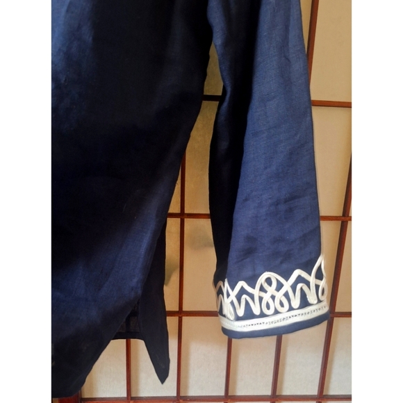 Talbots Navy Blue Linen Tunic with White Cord Trim Embroidery - Picture 8 of 14